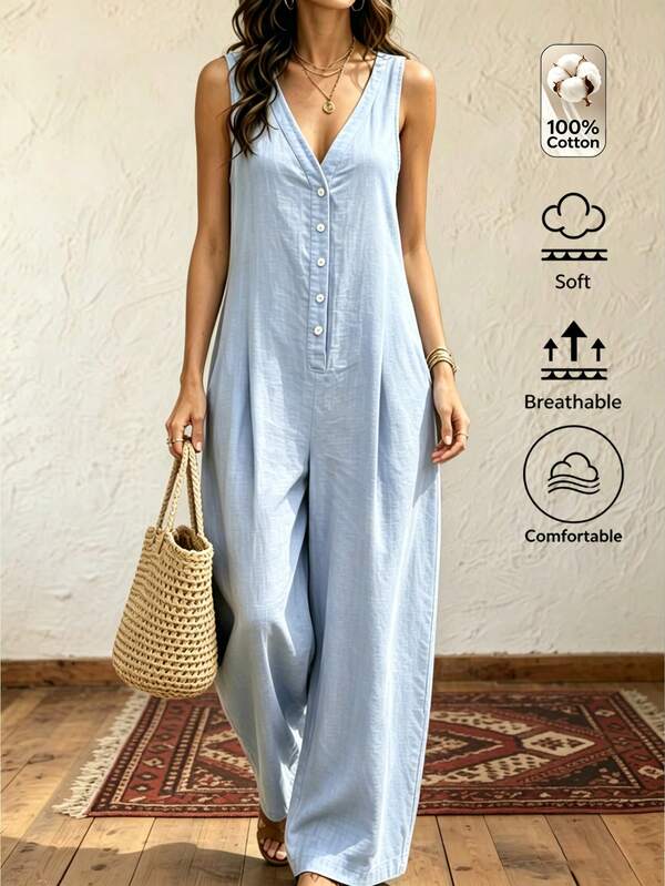 Louniche Women's Minimalist Light Blue V-Neck Jumpsuit, High Waist Slimming Loose Casual Wide Leg Long Pants