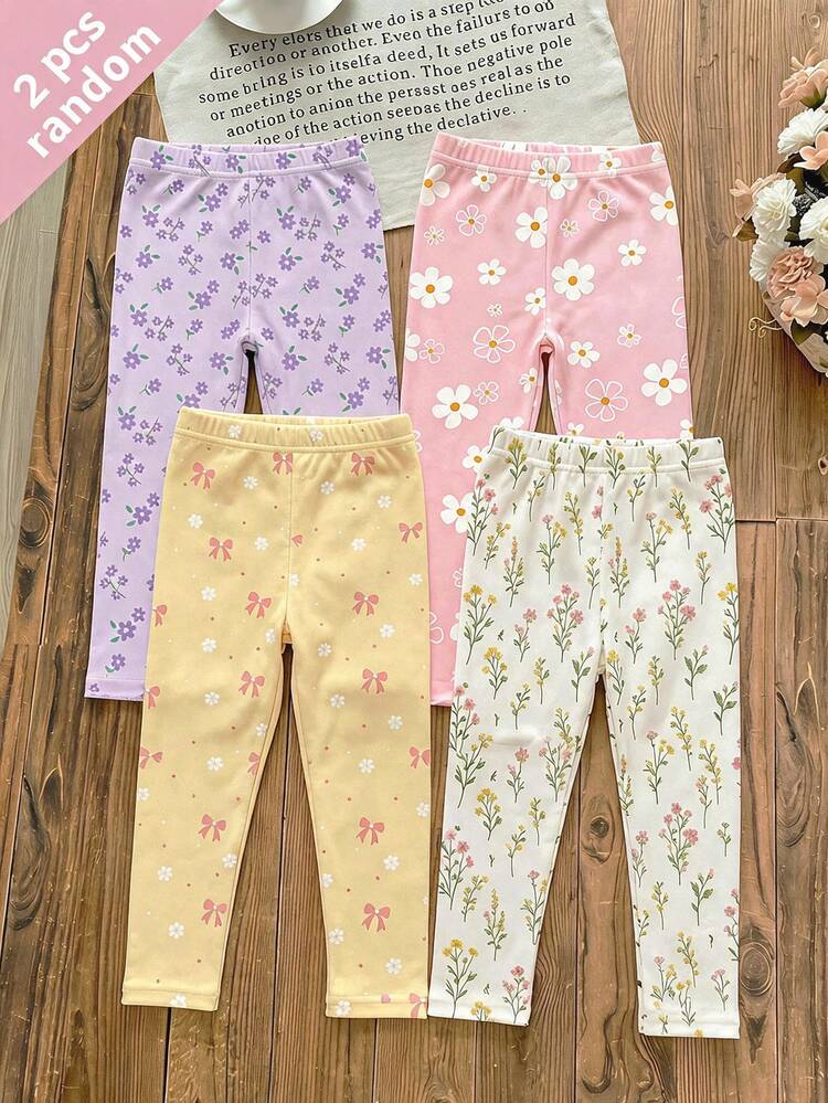 Bohemian Floral Series, Young Girl Casual Simple Long Leggings Suitable For Autumn/Winter Daily Wear, Random 2pcs/Set - Multicolor - View 2