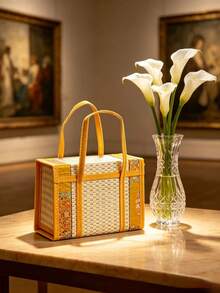 1Pc Foldable Camp Storage Basket Woven From Bamboo, Batik Cloth Covered, Picnic Basket, Rural Style. - yellow and white - View 10