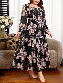 Reflora Vestido elegante de talla grande con cuello cuadrado y cintura definida con estampado floral - Burdeos - Ver 8