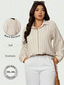 Zelara Damen Große Größen gestreiftes Raglanärmel Langarm Einreiher Lässig Hemd, Marineblau Große Größen Hemden und Blusen Herbst für Damen Business-Casual Büro für Damen Knopfleiste Hemd Damen Lehrerin Hemden Old Money Stil - Verschiedenfarbig - Übersicht 9