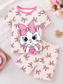 [Random Assortment]Young Girls Pajamas Spring/Summer New Fashion Cute Girls.Rabbit.Mermaid.Cat.Bow Combination Hot-Selling Pattern Print, Knitted Tight Fit High Elastic Fabric Short Sleeve Shorts Pajama Set Tight Fit Pajama (Random Shipment) - Multicolor - View 7