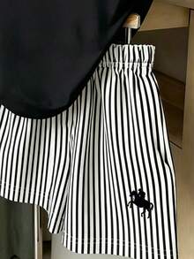 1套青少年女孩休閒復古時尚馬術圖案圓領短袖T恤搭配黑白條紋印花短褲套裝，適合家庭度假與外出，2件式夏季穿搭 - 彩色 - 查看 5