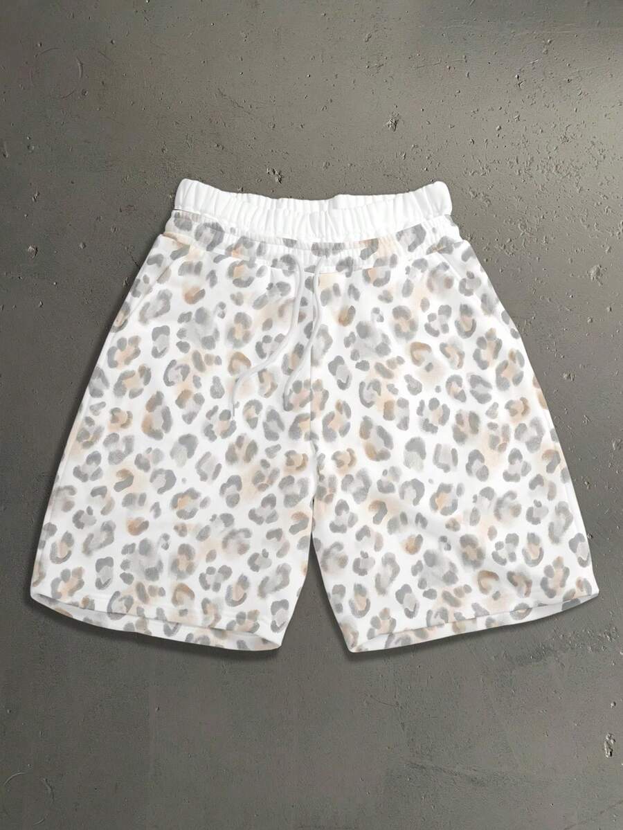 StoneGrade Low Saturation Light Color Leopard Print Fashion All-Over Print Men's Standard Size Loose Double Waistband Fit Sweatpants - White - View 1