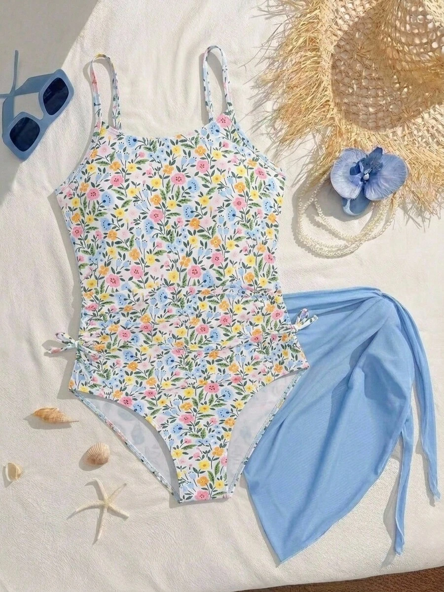 SHEIN 青少年女孩新款連身泳衣 度假風碎花連身衣搭配網紗裙 時尚休閒 精緻優雅淑女款 適合游泳、度假、夏季海灘、泳池拍照、送禮