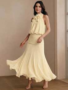 Anewsta Spring/Summer New Holiday Party Sleeveless Detachable Floral Decor Cinched Waist Ruffle Hem Romantic Elegant Maxi Dress For Women - Apricot - View 6
