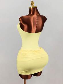 BamGleam Women Summer Solid Pale Yellow Strapless Corset Bodycon Mini Dress Ruched Wrap Hem Sexy Night Out Club Party Beach Photo Outfit - Yellow - View 5