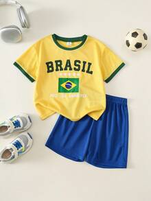 SHEIN 2pcs Kids Young Boy Summer Casual Sports Football Set Brazil Jersey Yellow Top Blue Shorts World Cup Boys Soccer Uniform Sports Outfit - Multicolor - View 2