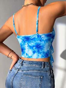 Glamine Women's Ruffle Mesh Patchwork Tie Strap Tank Top - Blue - View 2