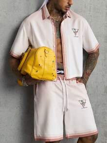 AXEPEAK Men's Letter Print Short Sleeve Shirt And Shorts Set - Multicolor - View 1