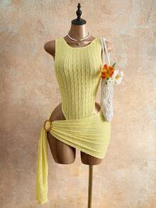 Mistrie Ensemble 2 pièces pour femme avec body sans manches à volants et jupe courte boutonnée - Jaune clair - Voir 5