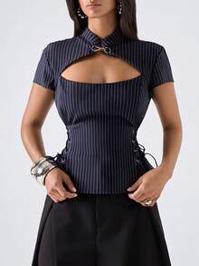LYSMO Women's Striped Cut-Out Bust Design Lace-Up Casual Versatile Daily Outing Short Sleeve Blazer Top - Navy Blue - View 4