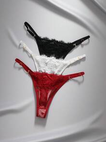 EmpressEnvy 3 件装 女式低腰蕾丝丁字裤 带心形图案，随机方向 - 彩色 - 查看 1