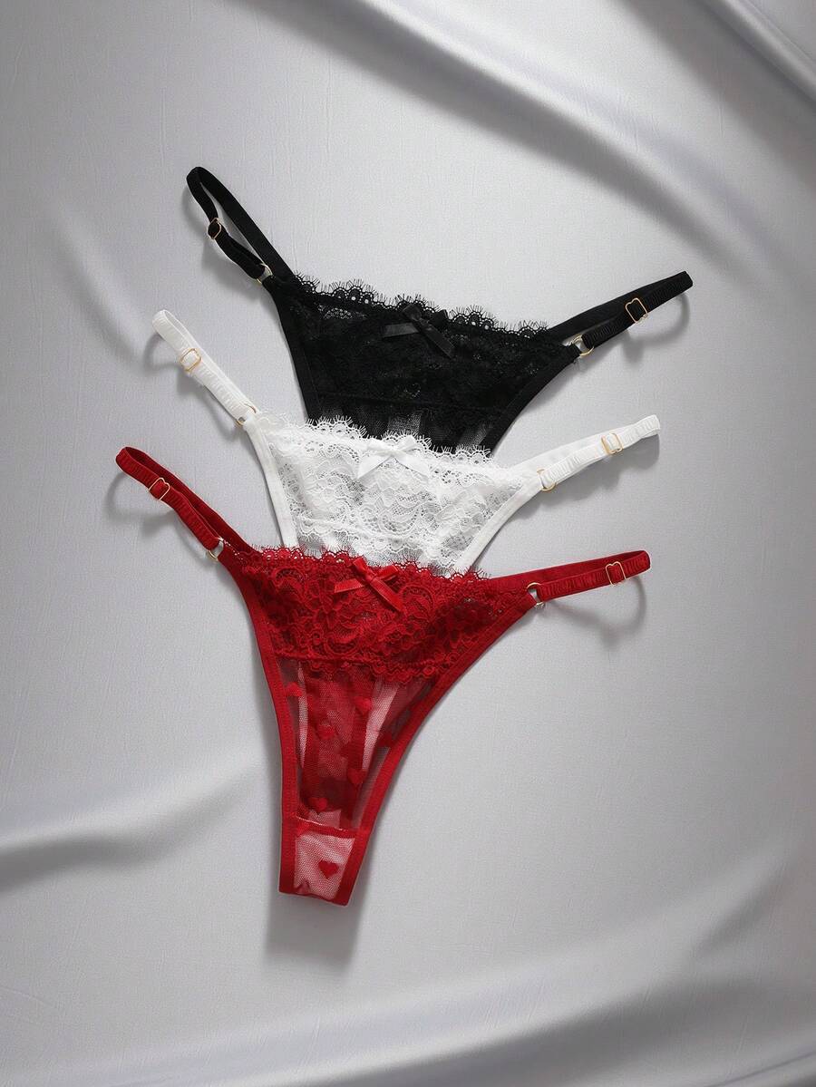 EmpressEnvy 3 件装 女式低腰蕾丝丁字裤 带心形图案，随机方向 - 彩色 - 查看 1