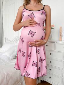 Moonlight&Mama Moonlight Mama Spring/Summer Minimalist Cute Fashion Butterfly Print Baby Pink Knit Camisole Maternity Nightgown Baby Shower Photoshoot Postpartum - Pink - View 5