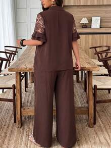 Lacomfia Spring & Summer Elegant Casual Loose Versatile Collared Button Splice Dyed Floral Trim Splice Lotus Sleeve Plus Size Women 2 Pieces Set - Brown - View 2