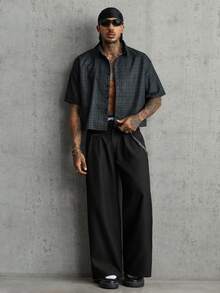 AXEPEAK Men's Summer Casual Plaid Slogan Print Shirt - Black - View 9