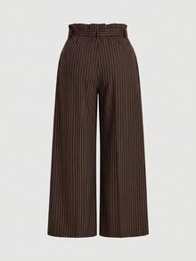 SHEIN MOD Calça Perna Larga Elegante Listrada Marrom Plus Size, Início do Outono, Estilo Old Money, Roupa de Escritório, Negócios Minimalista de Outono - Castanho - Visão 2