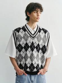 Sonviro 男士休闲撞色菱形针织背心，几何图案V领毛衣背心，冬季 - 灰色 - 查看 4