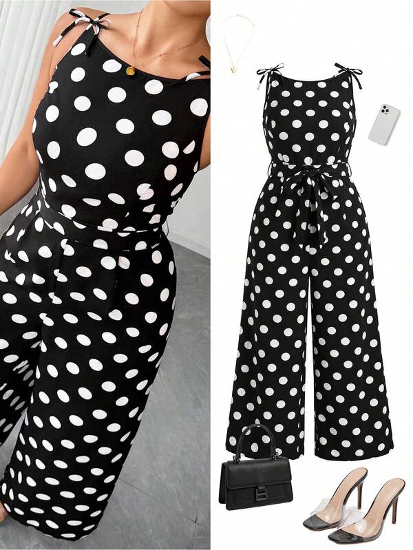 Elenzga Jumpsuit size lớn phối màu khối chấm bi cổ thuyền dây vai trang trí nơ eo chiết ống đứng phong cách thường ngày dạo phố thanh lịch đi làm hẹn hò tiệc tùng