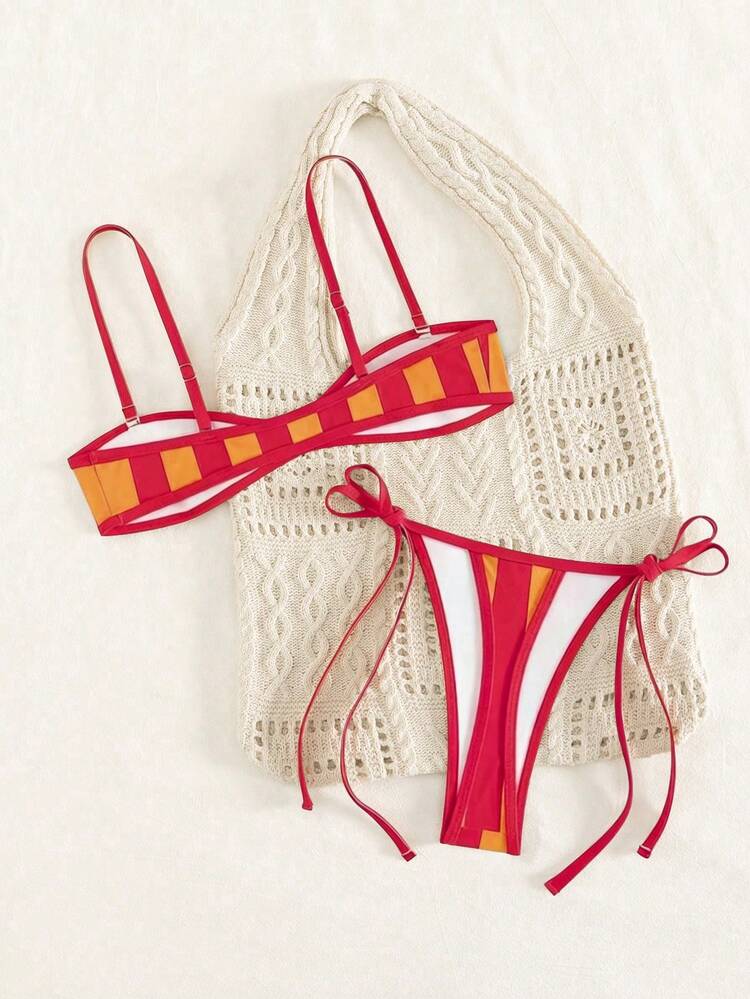 Swim Vcay Women's Sweet Summer Swimwear, American Retro Red Orange Sexy Tropical Bikini Two Pieces Set, Side Tie Triangle Bottoms, Vacation, Beach, Party, Pool - Multicolor - View 2