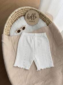 SHEIN Conjunto de pantalones casuales de punto de unicolor con dobladillo con volantes para niñas bebés - Blanco - Ver 2