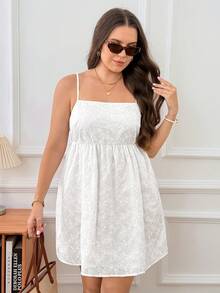 SHEIN LUNE Plus Size Women's Hollow Embroidery Casual Boho Strappy Vacation Dress Beach Allover White Summer - White - View 4