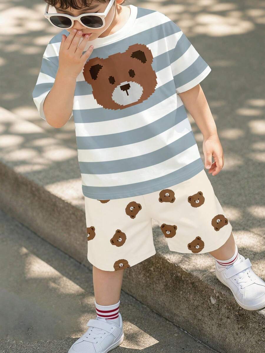 Baby Boy Casual Simple T-Shirt Set Suitable For Summer, Classic Striped Cartoon Pixel Bear Pattern Print. - Multicolor - View 1