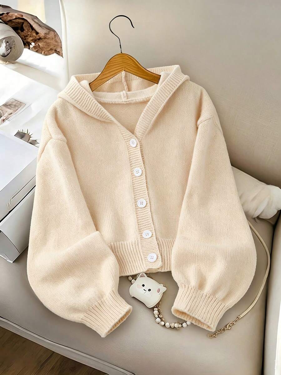 SHEIN Genkimix Kids 女童時尚休閒清新短版素色秋冬連帽針織開襟毛衣外套 - 杏色 - 查看 1