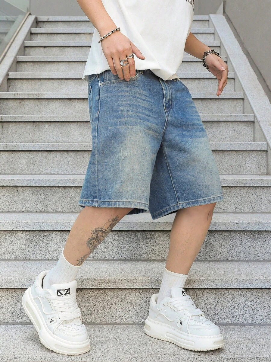 Manfinity EMRG Men's Loose Casual Bermuda Denim Shorts Jorts With Pockets Going Out Hang Out Commute Vacation Urban - Medium Wash - View 1
