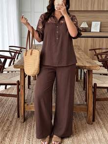 Lacomfia Spring & Summer Elegant Casual Loose Versatile Collared Button Splice Dyed Floral Trim Splice Lotus Sleeve Plus Size Women 2 Pieces Set - Brown - View 5