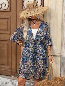 Brillora Rochie de vară pentru femei, casual elegantă, romantică, cu imprimeu, minimalistă, confortabilă, largă, cu talie strânsă și decolteu în V, rochie elegantă de vacanță, ținută de vacanță pentru femei, ținută pentru festival de own country, rochie cu volane, rochie albastră și cover-up albastru pentru femei - Albastru - Vizualizare 10