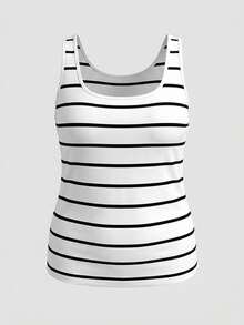 SHEIN BASICS 大尺碼女款純色與條紋方領修身休閒百搭背心 - 彩色 - 查看 4