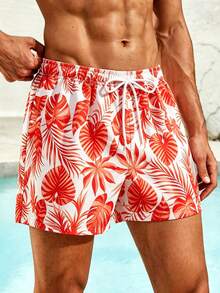Azuldrift Men's Tropical Plant Print Drawstring Waist Beach Shorts, Holiday - Orange - View 7