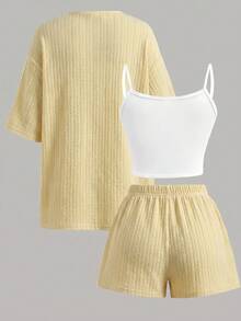 SHEIN Tween女孩夏季休閒可愛度假風紋理亞麻襯衫短褲套裝 白色粉色波點 - 彩色 - 查看 2