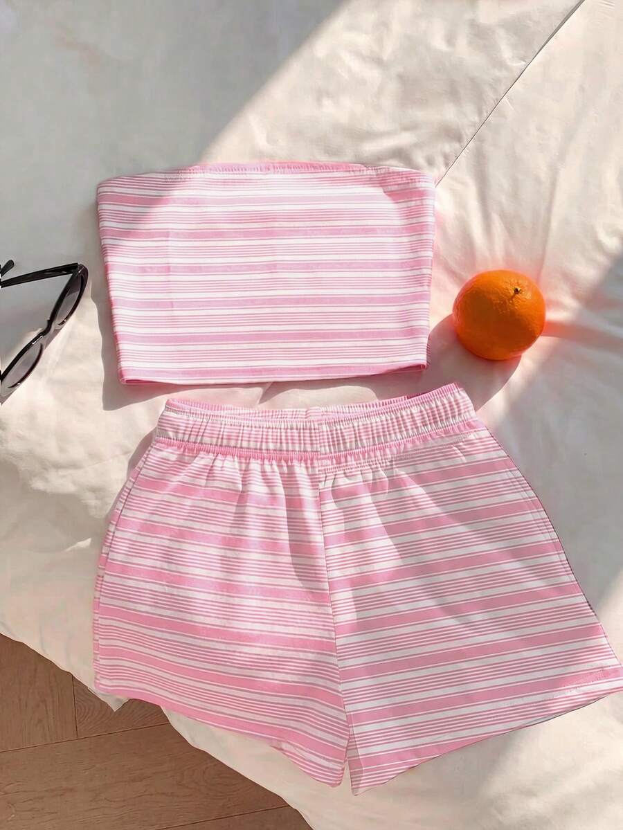 Comfortcana 休閒簡約優雅百搭保暖女款通勤套裝、海灘度假夏日穿搭，抹胸上衣與短褲兩件套 - 淺粉色 - 查看 1
