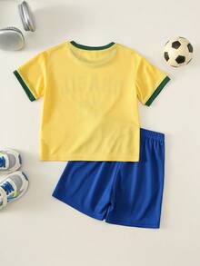 SHEIN 2pcs Kids Young Boy Summer Casual Sports Football Set Brazil Jersey Yellow Top Blue Shorts World Cup Boys Soccer Uniform Sports Outfit - Multicolor - View 3