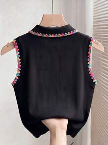 Resyla 彩虹狗牙邊心形刺繡黑色POLO領無袖針織女款背心 - 彩色 - 查看 2