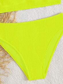 SHEIN Conjunto de traje de baño verde neón para vacaciones en la playa para niña preadolescente - Amarillo - Ver 5