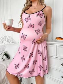 Moonlight&Mama Moonlight Mama Spring/Summer Minimalist Cute Fashion Butterfly Print Baby Pink Knit Camisole Maternity Nightgown Baby Shower Photoshoot Postpartum - Pink - View 3