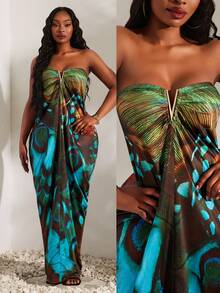Radiana Teal hoch-elastisches gestricktes gerafftes metallisch verziertes trägerloses Maxikleid Urlaub Strand Hochzeit Cocktail Hochzeitsgast Feiertag sexy tropisch elegant - Verschiedenfarbig - Übersicht 3