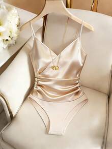 SHEIN Rosurelle Women's Elegant Champagne Gold Satin Bodysuit,Spaghetti Strap Crossed V-Neck Side Button Ruched Summer Fitted Bodysuit For Night Out - Apricot - View 5