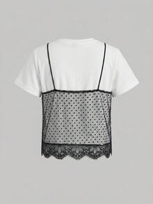 SHEIN BASICS Plus Size Colorblock Lace Patchwork 2 In 1 T-Shirt Date Night Party Rodeo Office Evening Going Out Gym White Black Summer Elegant Cute Sexy Tea Party - Multicolor - View 4
