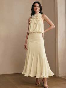 Anewsta Spring/Summer New Holiday Party Sleeveless Detachable Floral Decor Cinched Waist Ruffle Hem Romantic Elegant Maxi Dress For Women - Apricot - View 5