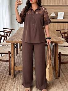 Lacomfia Spring & Summer Elegant Casual Loose Versatile Collared Button Splice Dyed Floral Trim Splice Lotus Sleeve Plus Size Women 2 Pieces Set - Brown - View 3
