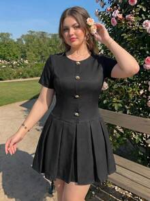 SHEIN MOD Plus Size Pleated Mini Short Sleeve Dress Formal Black Summer Elegant - Black - View 5