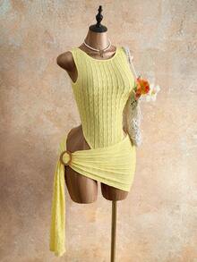 Mistrie Ensemble 2 pièces pour femme avec body sans manches à volants et jupe courte boutonnée - Jaune clair - Voir 4