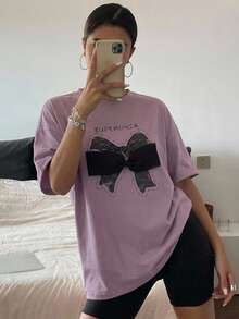DAZY Women Round Neck Short Sleeve T-Shirt With Bow Decoration Cute Tops,Graphic Tees - Purple - View 9