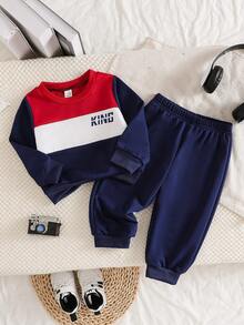 SHEIN Playful Pals 2件/套男嬰藍白紅配色長袖上衣與素色長褲套裝，上衣印有字母圖案，秋季休閒日常穿著 - 彩色 - 查看 4