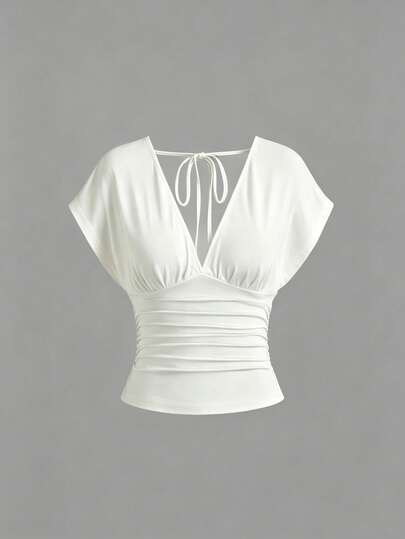 Sweetra T-shirt tricoté polyvalent pour femme, nouveau style mode, col V profond devant & derrière, port 2 voies, taille cintrée, dos froncé avec lien, top épaules & manches connectés